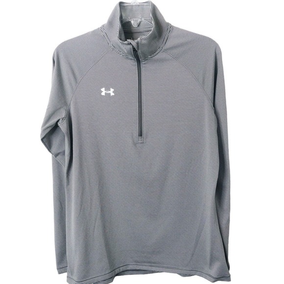Under Armour Gray Stripe Tech Heat Gear 1/4 Zip Long Sleeve Athletic Pullover M - Picture 1 of 6